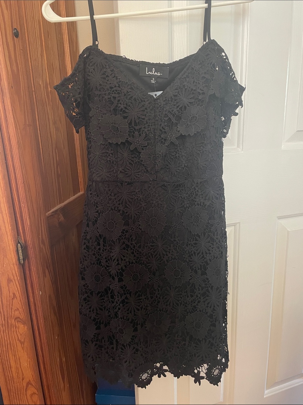 Lulu's Black Floral Crochet Off-Shoulder Mini Dress